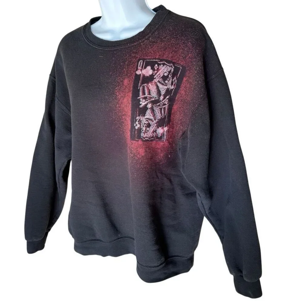 Queen of Clubs Hand-Dyed Stenciled Custom Crewneck Sweater L